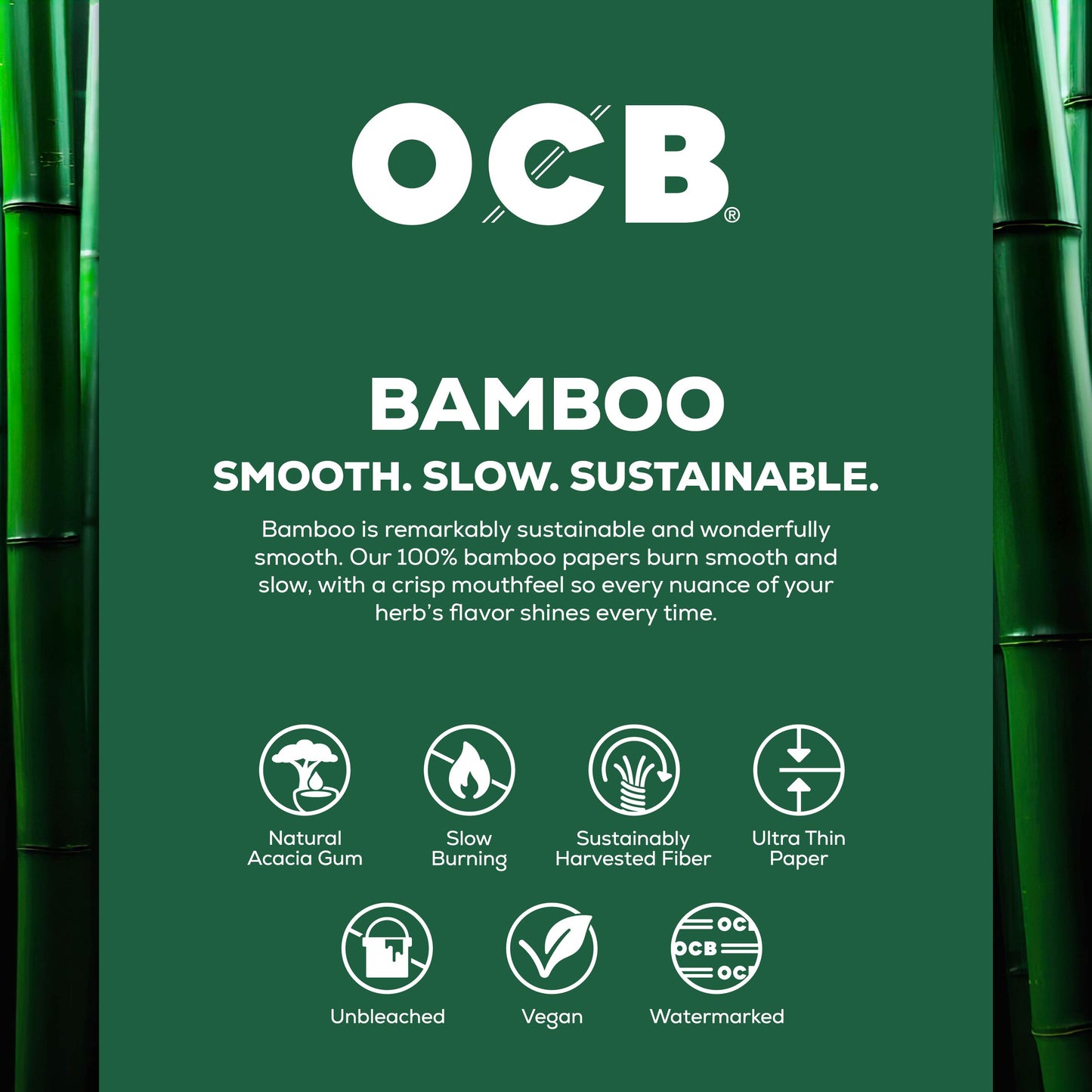 A dark green promotional graphic for OCB Bamboo, featuring white text and icons highlighting product benefits such as natural acacia gum, slow burning, sustainably harvested fiber, ultra thin paper, unbleached, vegan, and watermarked. The design is framed by green bamboo stalks on the sides.