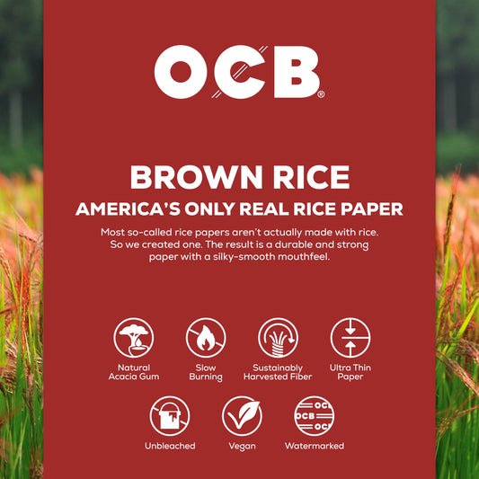 A red product information card for OCB Brown Rice paper, featuring white text and icons detailing its features and benefits, set against a blurred background of a rice field.