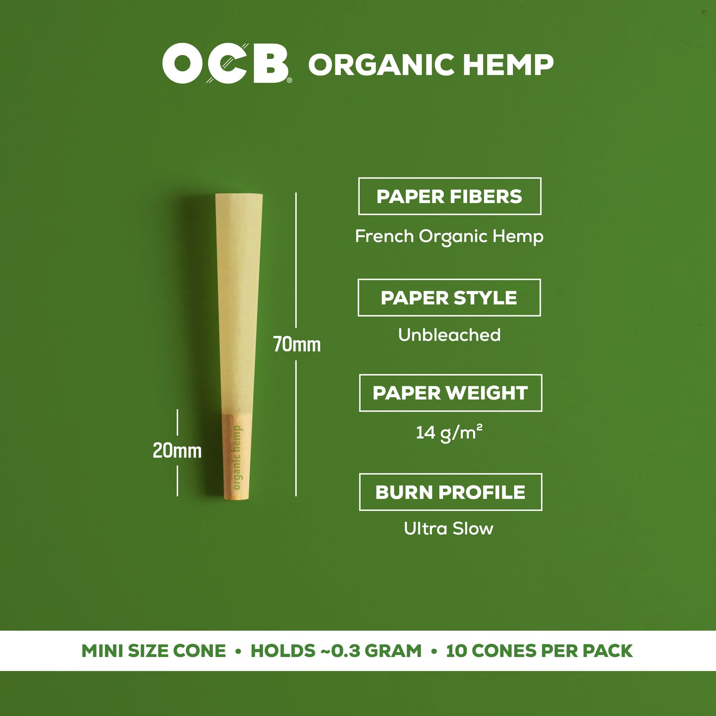 OCB Organic Hemp Mini Cone Specs