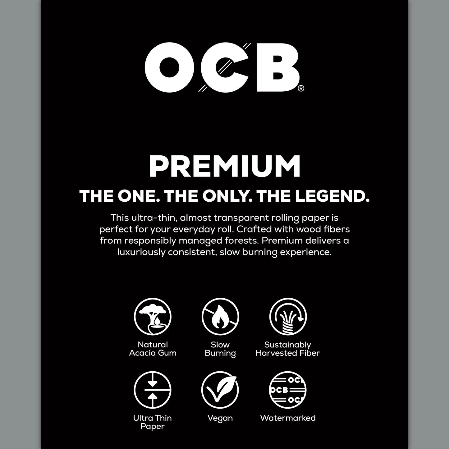 A black product information card for OCB Premium rolling paper, featuring white text and icons highlighting features like natural acacia gum, slow burning, sustainably harvested fiber, ultra thin paper, vegan, and watermarked.
