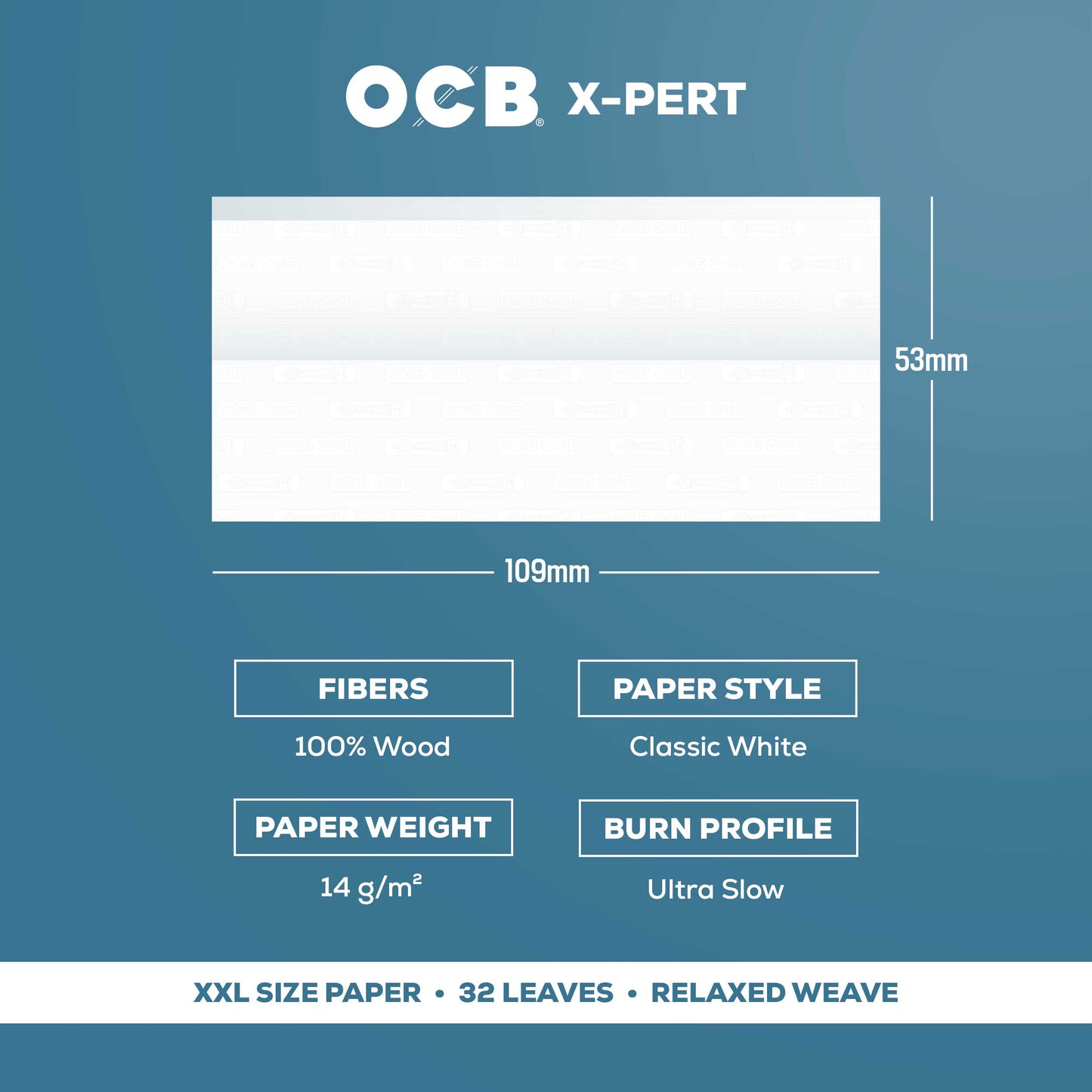 OCB X-Pert paper specifications on a blue background