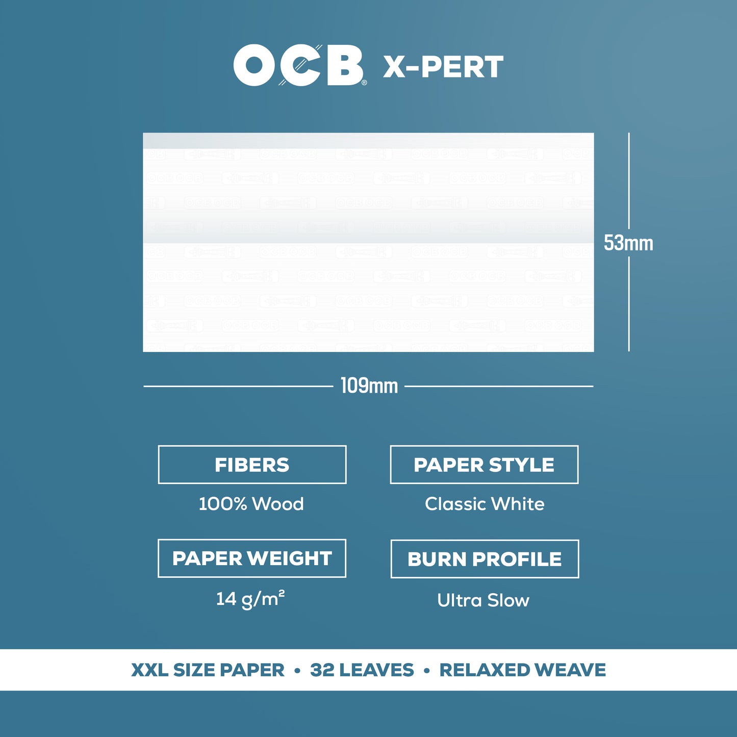 OCB X-Pert paper specifications on a blue background