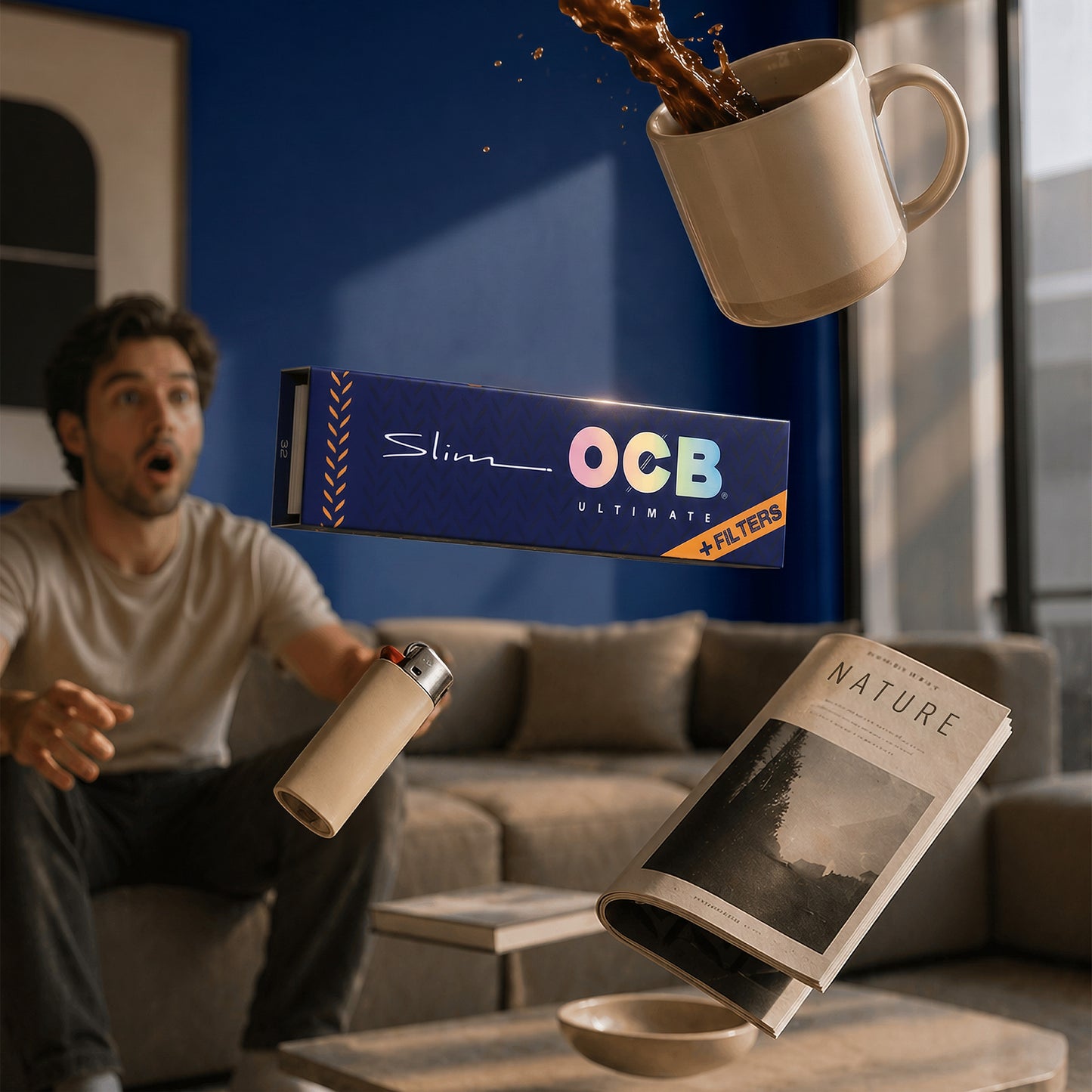 A man in a living room reacts with a surprised expression as floating objects include a coffee mug splashing coffee, a Slim OCB Ultimate booklet, a lighter, and a magazine on a table. The background shows a blue wall and a gray sofa.