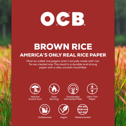 A red product information card for OCB Brown Rice paper, featuring white text and icons detailing its features and benefits, set against a blurred background of a rice field.