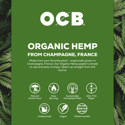 A green product information card for OCB Organic Hemp paper from Champagne, France, featuring white text and icons detailing its natural acacia gum, slow burning, sustainably harvested fiber, and unbleached qualities, framed by dark green cannabis leaves on the sides.
