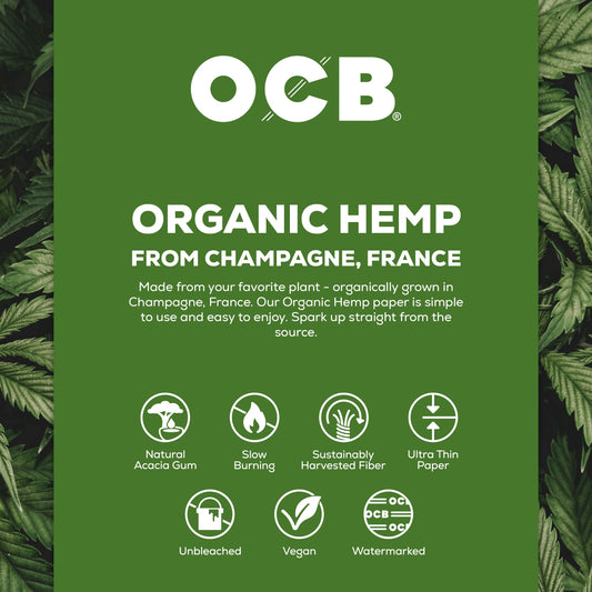A green product information card for OCB Organic Hemp paper from Champagne, France, featuring white text and icons detailing its natural acacia gum, slow burning, sustainably harvested fiber, and unbleached qualities, framed by dark green cannabis leaves on the sides.