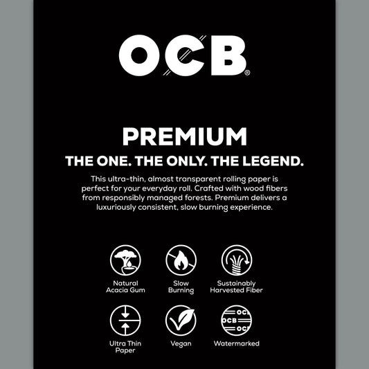 A black product information card for OCB Premium rolling paper, featuring white text and icons highlighting features like natural acacia gum, slow burning, sustainably harvested fiber, ultra thin paper, vegan, and watermarked.