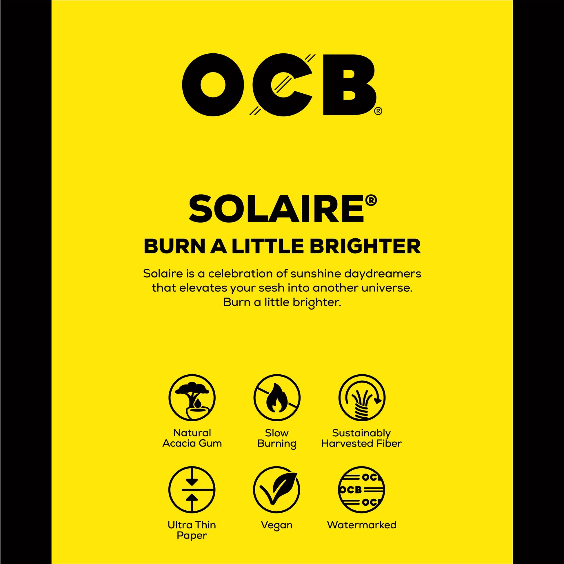 A square yellow product card or packaging panel with black text and icons. The brand name OCB appears prominently at the top, followed by the product name SOLAIRE and the tagline 'BURN A LITTLE BRIGHTER.