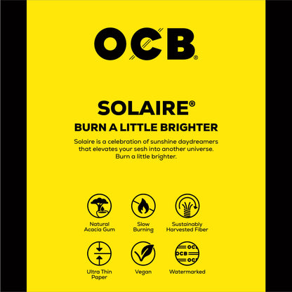 A square yellow product card or packaging panel with black text and icons. The brand name OCB appears prominently at the top, followed by the product name SOLAIRE and the tagline 'BURN A LITTLE BRIGHTER.