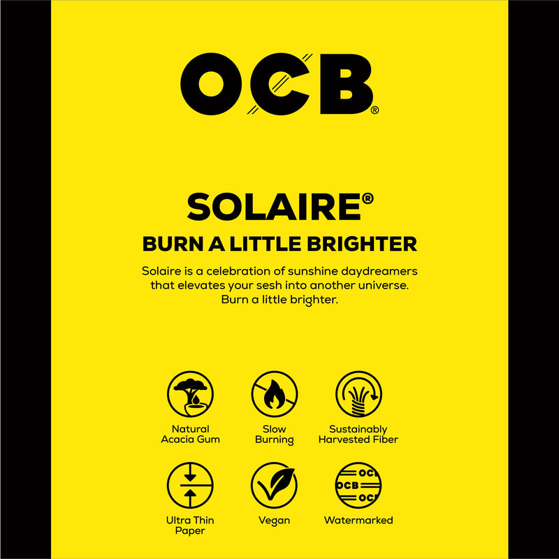 A square yellow product card or packaging panel with black text and icons. The brand name OCB appears prominently at the top, followed by the product name SOLAIRE and the tagline 'BURN A LITTLE BRIGHTER.