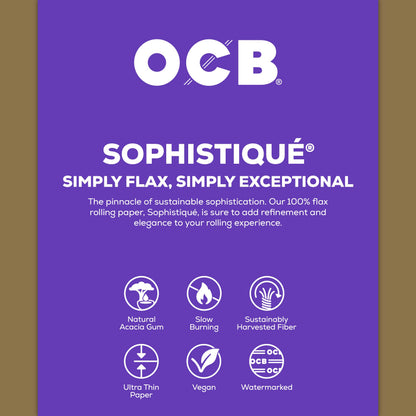 A purple product information card for OCB Sophistiqué rolling paper, featuring white text and icons highlighting its natural acacia gum, slow burning, sustainably harvested fiber, and vegan qualities.