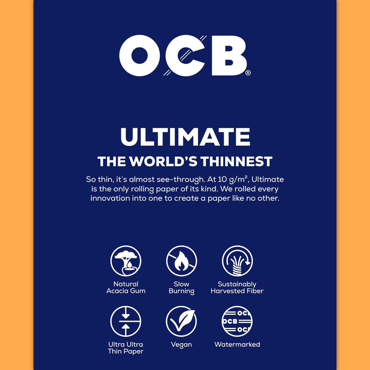 OCB Ultimate rolling paper packaging card featuring a dark blue background with white text and a vertical orange stripe on the left side. The card displays the OCB logo, product name 'ULTIMATE', descriptive copy, and feature icons for natural acacia gum, slow burning, sustainably harvested fiber, ultra ultra thin paper, vegan, and watermarked.