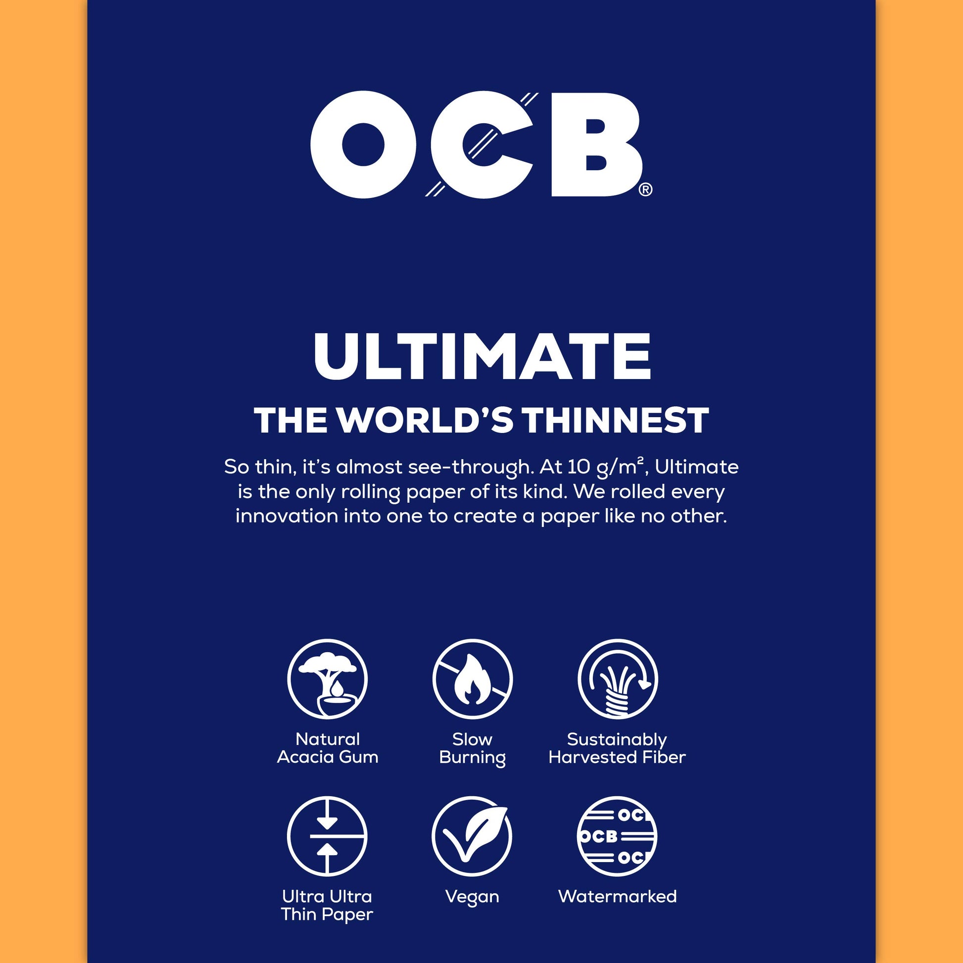 OCB Ultimate rolling paper packaging card featuring a dark blue background with white text and a vertical orange stripe on the left side. The card displays the OCB logo, product name 'ULTIMATE', descriptive copy, and feature icons for natural acacia gum, slow burning, sustainably harvested fiber, ultra ultra thin paper, vegan, and watermarked.