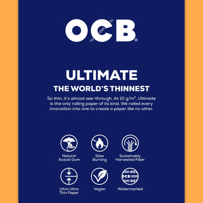 OCB Ultimate rolling paper packaging card featuring a dark blue background with white text and a vertical orange stripe on the left side. The card displays the OCB logo, product name 'ULTIMATE', descriptive copy, and feature icons for natural acacia gum, slow burning, sustainably harvested fiber, ultra ultra thin paper, vegan, and watermarked.