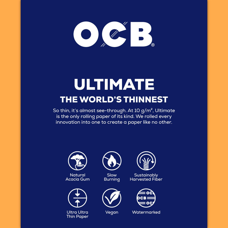 OCB Ultimate rolling paper packaging card featuring a dark blue background with white text and a vertical orange stripe on the left side. The card displays the OCB logo, product name 'ULTIMATE', descriptive copy, and feature icons for natural acacia gum, slow burning, sustainably harvested fiber, ultra ultra thin paper, vegan, and watermarked.