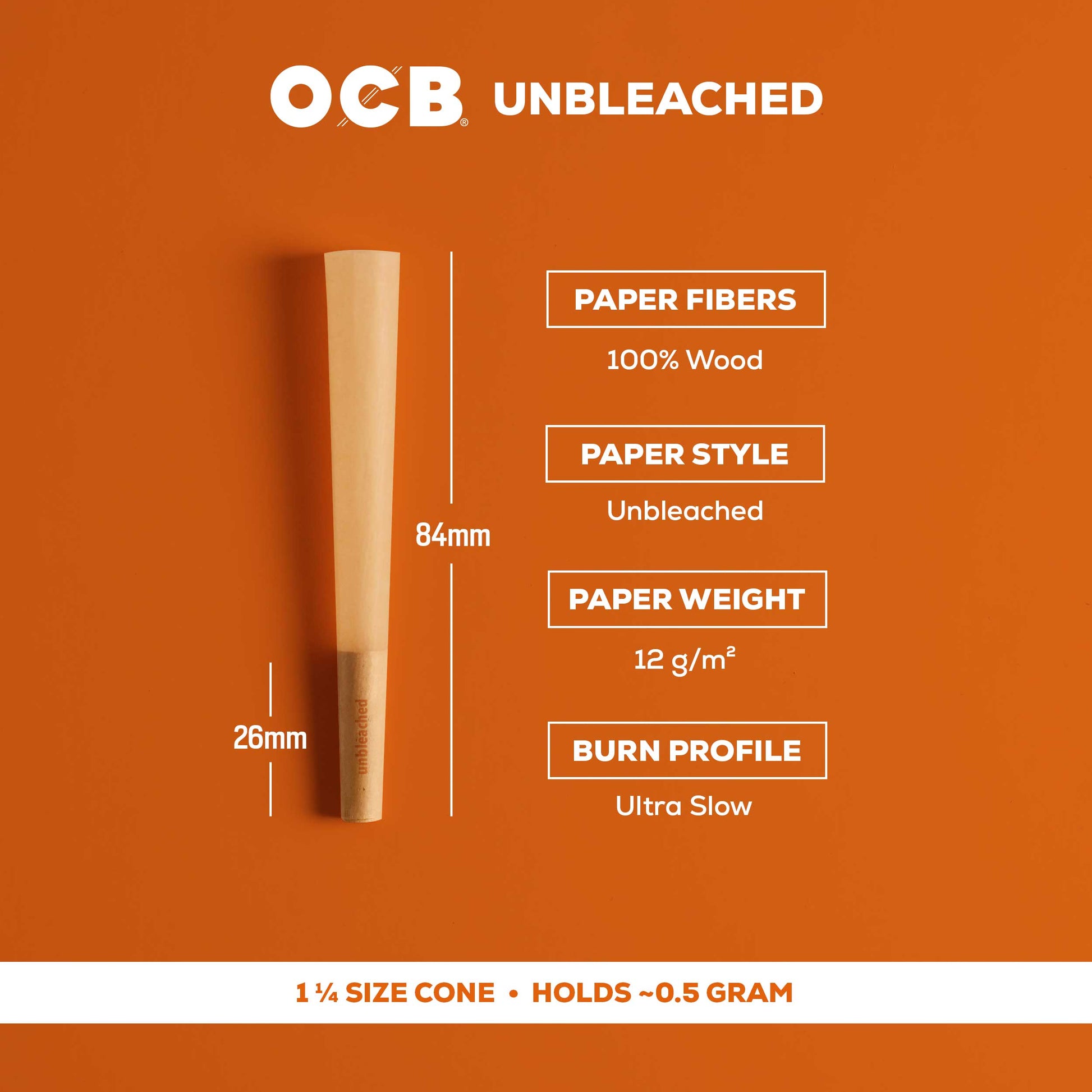 OCB unbleached paper cone with specifications on an orange background
