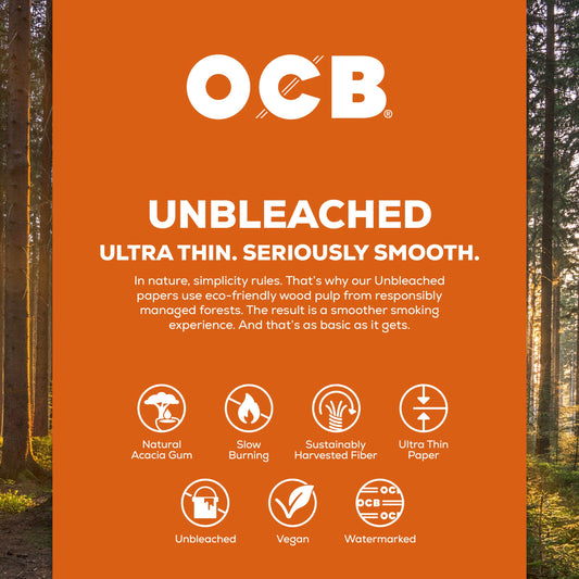 An orange informational product graphic for OCB Unbleached ultra-thin papers, with white text and icons detailing product benefits such as natural acacia gum, slow burning, sustainably harvested fiber, and vegan/watermarked quality. The background shows a blurred forest scene.