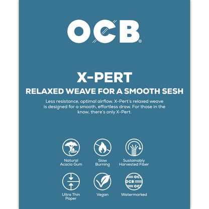 A blue informational product graphic for OCB X-Pert paper. The text reads 'OCB X-PERT RELAXED WEAVE FOR A SMOOTH SESH' with smaller descriptive copy and six white icons highlighting features such as natural acacia gum, slow burning, sustainably harvested fiber, ultra thin paper, vegan, and watermarked.