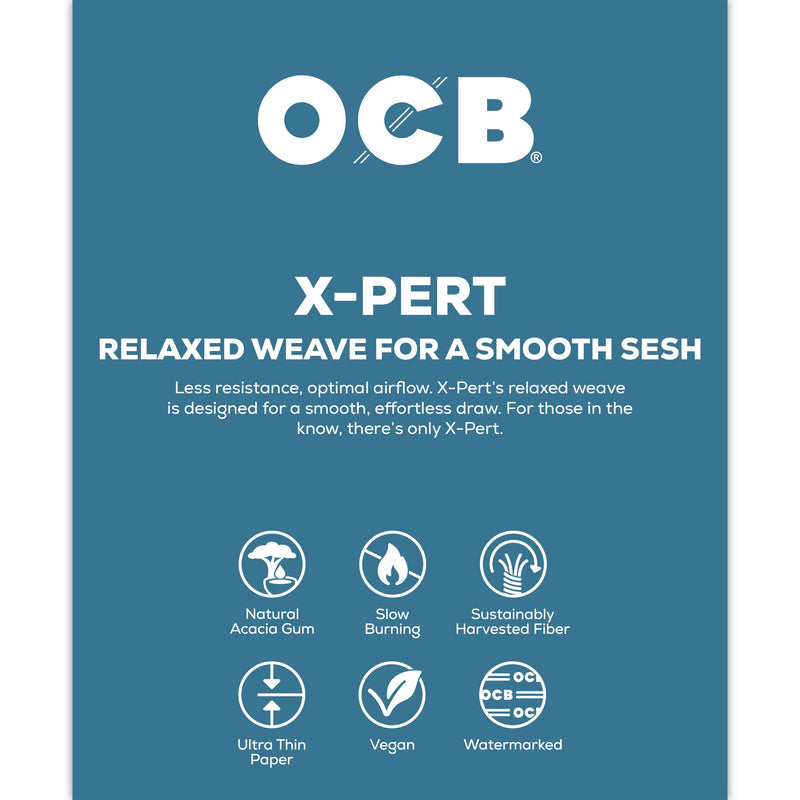 A blue informational product graphic for OCB X-Pert paper. The text reads 'OCB X-PERT RELAXED WEAVE FOR A SMOOTH SESH' with smaller descriptive copy and six white icons highlighting features such as natural acacia gum, slow burning, sustainably harvested fiber, ultra thin paper, vegan, and watermarked.