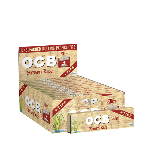 OCB Brown Rice Slim + Tips Rolling Paper Display